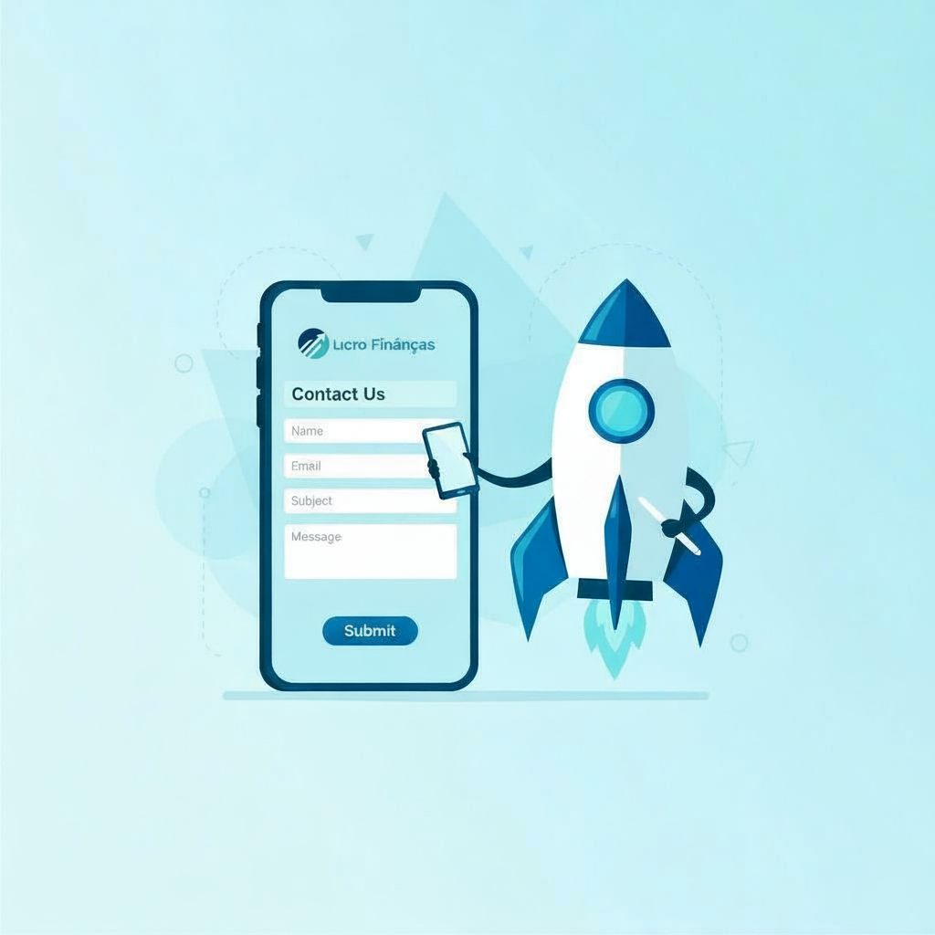 A rocket ship representing a start up founder is filling out the contact form to Lucro Financas to learn more about solutions for finance leadership support.