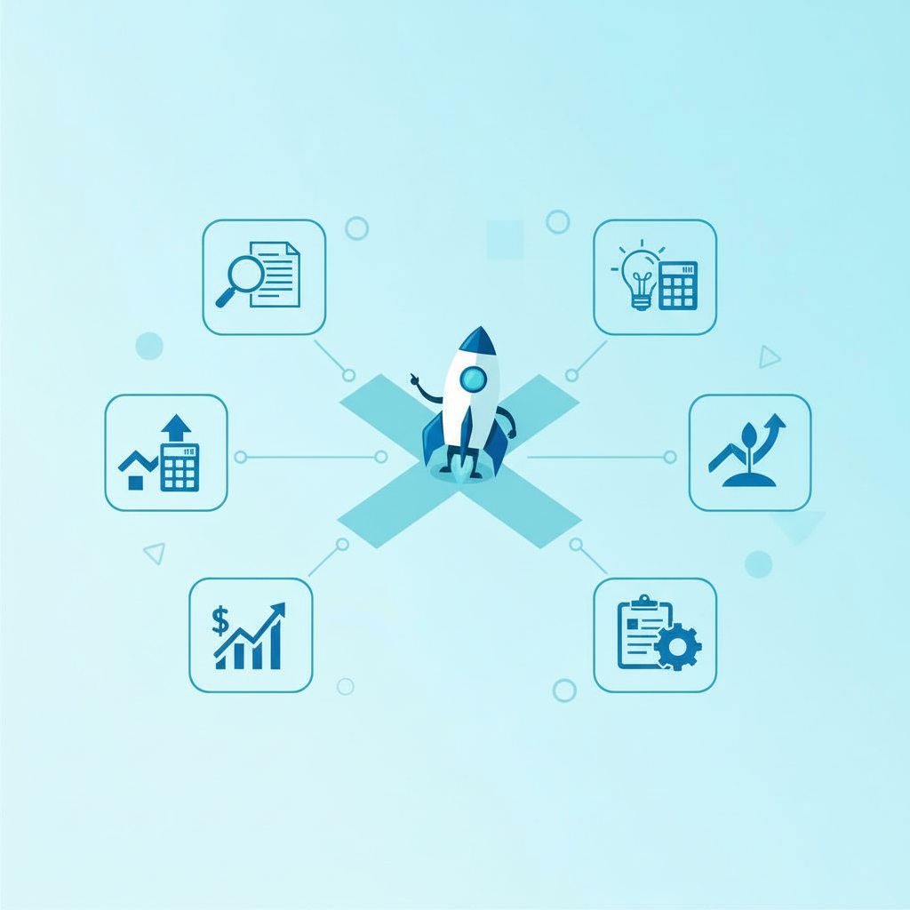 A founder represented by a rocket ship trying to decide with Lucro Financas solution to select to help their business.